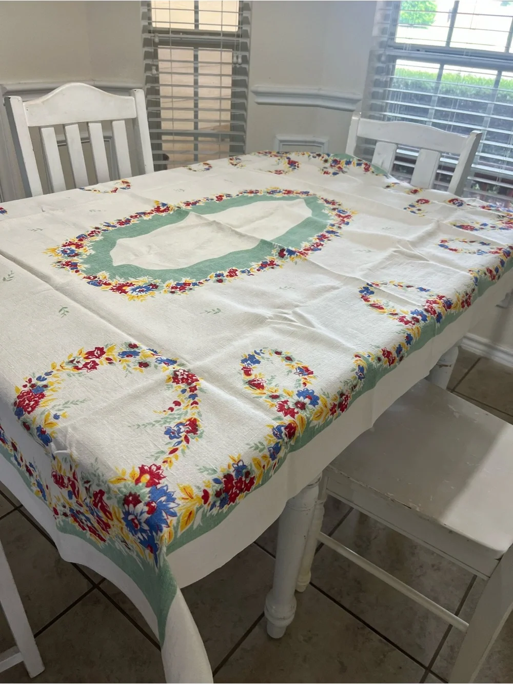 Vintage 1950's Floral Tablecloth 50X64 Heavy Linen-like Woven MCM Cottage/Farm